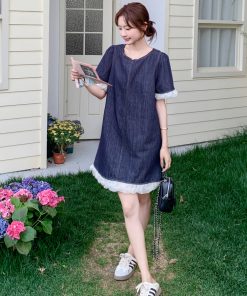Petite Blue Denim Dress with Wood Ear Edges, Trendy Summer 2025 Style, High-End Korean Fashion for Women