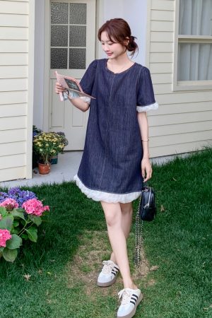 Petite Blue Denim Dress with Wood Ear Edges, Trendy Summer 2025 Style, High-End Korean Fashion for Women