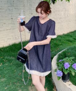 Petite Blue Denim Dress with Wood Ear Edges, Trendy Summer 2025 Style, High-End Korean Fashion for Women