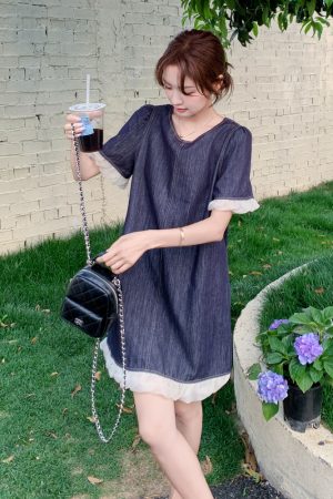 Petite Blue Denim Dress with Wood Ear Edges, Trendy Summer 2025 Style, High-End Korean Fashion for Women