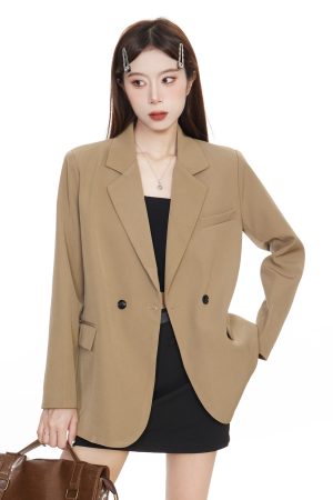 Petite Brown Blazer Jacket for Women - Elegant Casual Spring 2025 Suit Jacket with High-End Feel, Perfect for Work or Outings