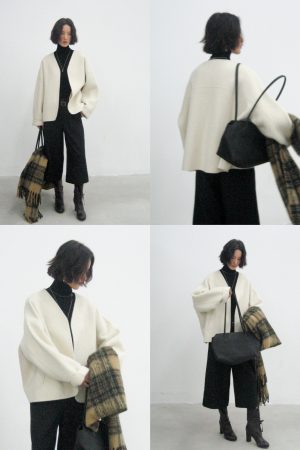 Petite Camel Cashmere No-Button Short V-Neck Coat in Su Bo Changqing Style - Chic Minimalist Outerwear for Fall and Winter