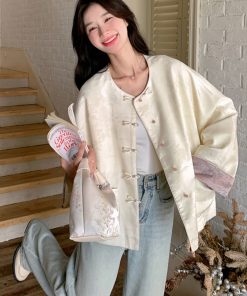 Petite Chinese-Style Jacquard Coat for Women, Embroidered Round Neck Top, Spring 2025 Sweet Temperament Fashion