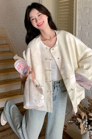 Petite Chinese-Style Jacquard Coat for Women, Embroidered Round Neck Top, Spring 2025 Sweet Temperament Fashion
