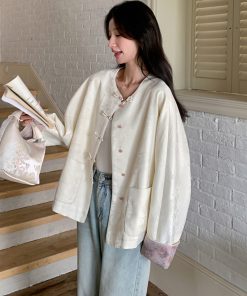 Petite Chinese-Style Jacquard Coat for Women, Embroidered Round Neck Top, Spring 2025 Sweet Temperament Fashion