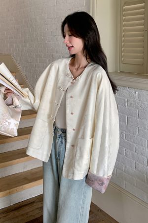 Petite Chinese-Style Jacquard Coat for Women, Embroidered Round Neck Top, Spring 2025 Sweet Temperament Fashion