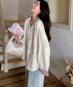 Petite Chinese-Style Jacquard Coat for Women, Embroidered Round Neck Top, Spring 2025 Sweet Temperament Fashion