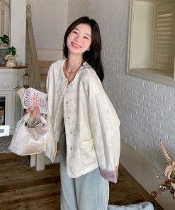 Petite Chinese-Style Jacquard Coat for Women, Embroidered Round Neck Top, Spring 2025 Sweet Temperament Fashion