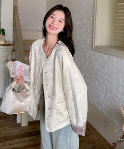 Petite Chinese-Style Jacquard Coat for Women, Embroidered Round Neck Top, Spring 2025 Sweet Temperament Fashion