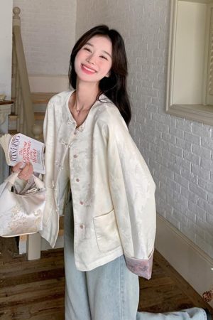 Petite Chinese-Style Jacquard Coat for Women, Embroidered Round Neck Top, Spring 2025 Sweet Temperament Fashion