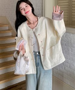 Petite Chinese-Style Jacquard Coat for Women, Embroidered Round Neck Top, Spring 2025 Sweet Temperament Fashion