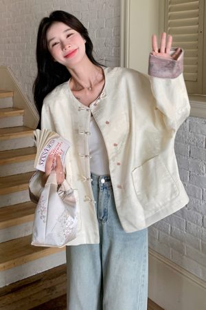 Petite Chinese-Style Jacquard Coat for Women, Embroidered Round Neck Top, Spring 2025 Sweet Temperament Fashion