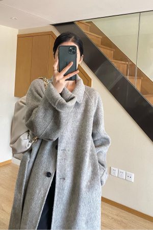 Petite Double-Sided Cashmere Gray Coat for Women, High-Grade Alpaca Wool Winter Overcoat