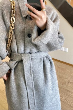 Petite Double-Sided Cashmere Gray Coat for Women, High-Grade Alpaca Wool Winter Overcoat