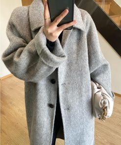 Petite Double-Sided Cashmere Gray Coat for Women, High-Grade Alpaca Wool Winter Overcoat