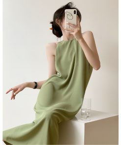 Petite French-Style Sleeveless Dress in Avocado Green - High-End Long Strap Dress for Elegant Summer Looks