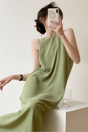 Petite French-Style Sleeveless Dress in Avocado Green - High-End Long Strap Dress for Elegant Summer Looks