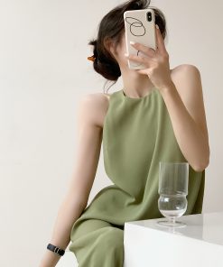 Petite French-Style Sleeveless Dress in Avocado Green - High-End Long Strap Dress for Elegant Summer Looks