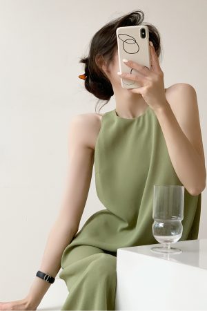 Petite French-Style Sleeveless Dress in Avocado Green - High-End Long Strap Dress for Elegant Summer Looks