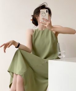 Petite French-Style Sleeveless Dress in Avocado Green - High-End Long Strap Dress for Elegant Summer Looks