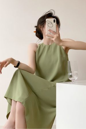 Petite French-Style Sleeveless Dress in Avocado Green - High-End Long Strap Dress for Elegant Summer Looks