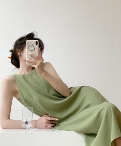 Petite French-Style Sleeveless Dress in Avocado Green - High-End Long Strap Dress for Elegant Summer Looks