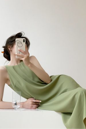 Petite French-Style Sleeveless Dress in Avocado Green - High-End Long Strap Dress for Elegant Summer Looks