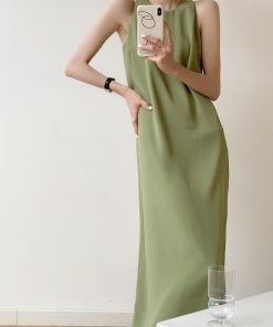Petite French-Style Sleeveless Dress in Avocado Green - High-End Long Strap Dress for Elegant Summer Looks
