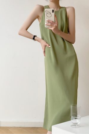 Petite French-Style Sleeveless Dress in Avocado Green - High-End Long Strap Dress for Elegant Summer Looks