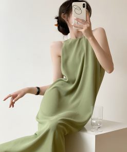 Petite French-Style Sleeveless Dress in Avocado Green - High-End Long Strap Dress for Elegant Summer Looks