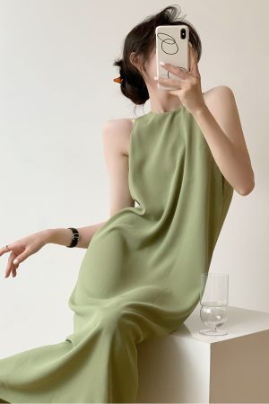 Petite French-Style Sleeveless Dress in Avocado Green - High-End Long Strap Dress for Elegant Summer Looks