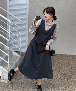 Petite Gray Dress with Faux Two-Piece Design - Elegant Spring 2025 Style, Trendy and Popular for a Chic Look