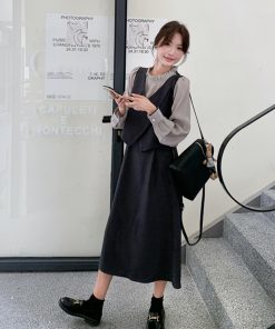 Petite Gray Dress with Faux Two-Piece Design - Elegant Spring 2025 Style, Trendy and Popular for a Chic Look