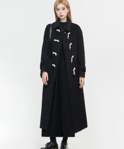 Petite Hepburn-Style Black Woolen Duffle Coat with Toggles, Mid-Length Spring 2025 Fashion for a Chic 90s Look