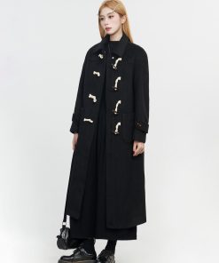 Petite Hepburn-Style Black Woolen Duffle Coat with Toggles, Mid-Length Spring 2025 Fashion for a Chic 90s Look