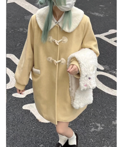 Petite JK Uniform Doll Collar Toggle Coat in Yellow and Black Wool with Cotton Outerwear - Y2K Inspired Fashion