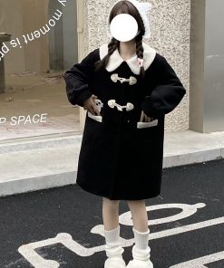 Petite JK Uniform Doll Collar Toggle Coat in Yellow and Black Wool with Cotton Outerwear - Y2K Inspired Fashion