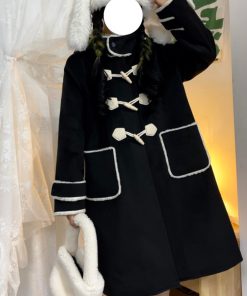 Petite JK Uniform Hooded Doll Collar Woolen Coat in Pink, Yellow, and Black with Toggle Closure and Cotton Blend for Y2K Style