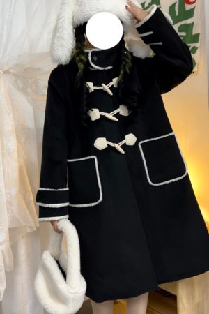 Petite JK Uniform Hooded Doll Collar Woolen Coat in Pink, Yellow, and Black with Toggle Closure and Cotton Blend for Y2K Style