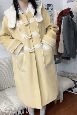 Petite JK Uniform Hooded Doll Collar Woolen Coat in Pink, Yellow, and Black with Toggle Closure and Cotton Blend for Y2K Style