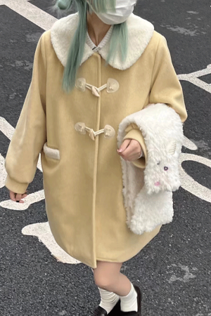 Petite JK Uniform Hooded Doll Collar Woolen Coat in Pink, Yellow, and Black with Toggle Closure and Cotton Blend for Y2K Style