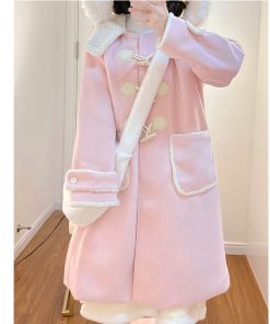 Petite JK Uniform Hooded Doll Collar Woolen Coat in Pink, Yellow, and Black with Toggle Closure and Cotton Blend for Y2K Style
