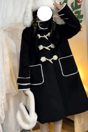 Petite JK Uniform Hooded Doll Collar Woolen Coat in Pink, Yellow, and Black with Toggle Closure and Cotton Blend for Y2K Style