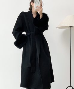 Petite Mid-Length Black Wool Coat for Women with Fox Fur Cuffs, Double-Sided Fabric - Elegant Autumn & Winter Outerwear