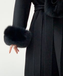 Petite Mid-Length Black Wool Coat for Women with Fox Fur Cuffs, Double-Sided Fabric - Elegant Autumn & Winter Outerwear