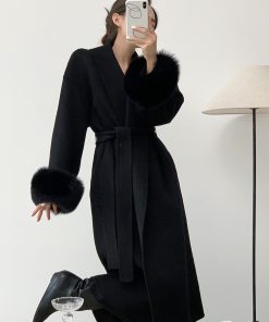 Petite Mid-Length Black Wool Coat for Women with Fox Fur Cuffs, Double-Sided Fabric - Elegant Autumn & Winter Outerwear