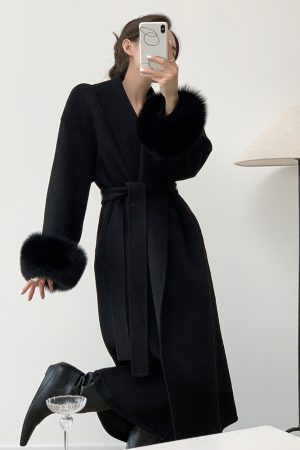 Petite Mid-Length Black Wool Coat for Women with Fox Fur Cuffs, Double-Sided Fabric - Elegant Autumn & Winter Outerwear