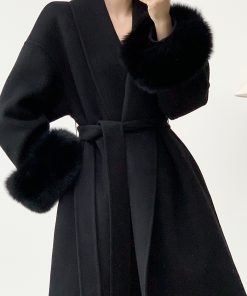 Petite Mid-Length Black Wool Coat for Women with Fox Fur Cuffs, Double-Sided Fabric - Elegant Autumn & Winter Outerwear