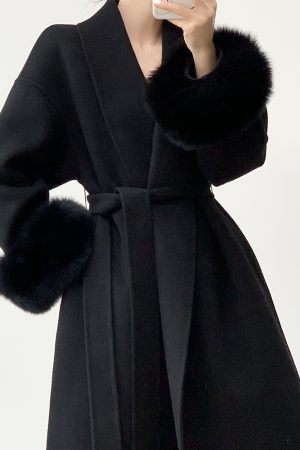 Petite Mid-Length Black Wool Coat for Women with Fox Fur Cuffs, Double-Sided Fabric - Elegant Autumn & Winter Outerwear