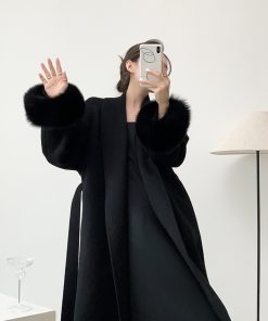 Petite Mid-Length Black Wool Coat for Women with Fox Fur Cuffs, Double-Sided Fabric - Elegant Autumn & Winter Outerwear
